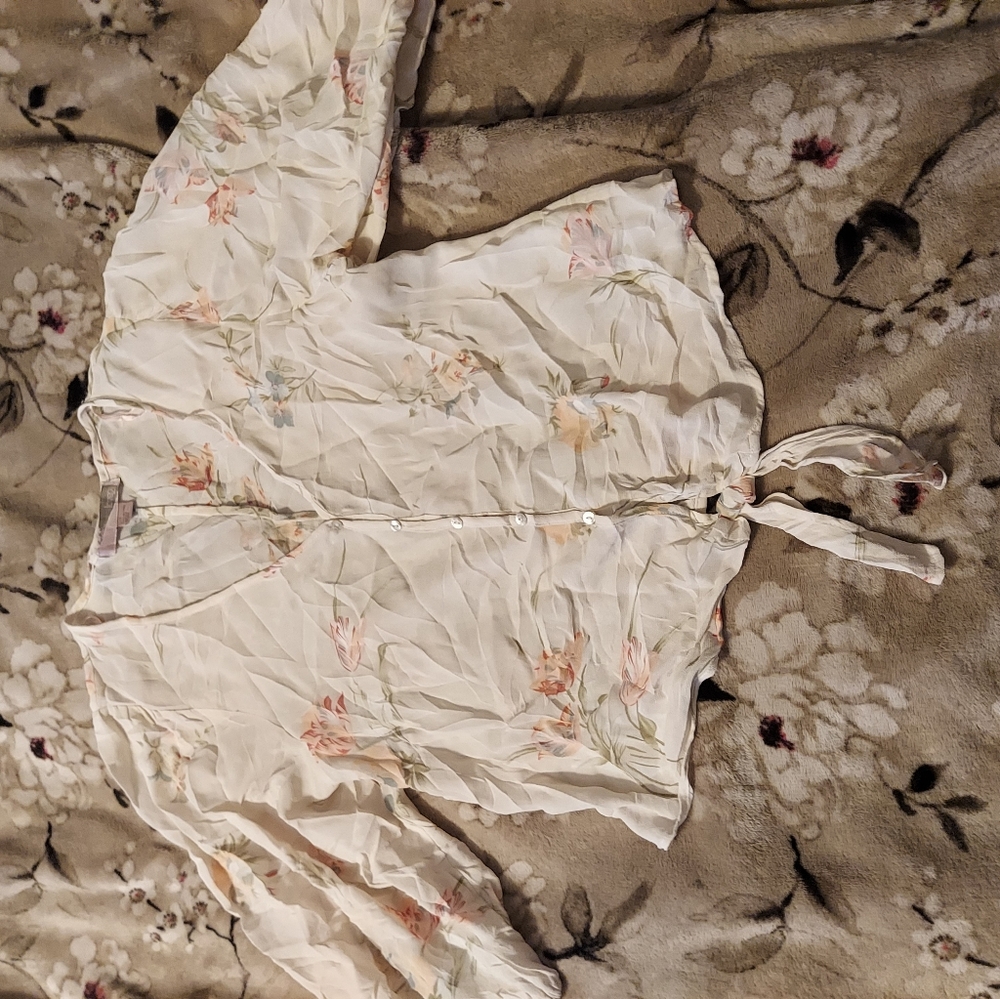 Sheer Floral button down bottom tie shirt